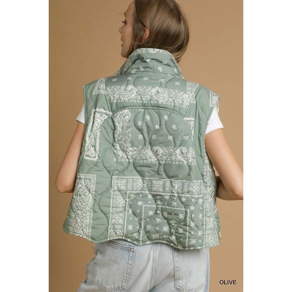Umgee Bandana Print Side Pockets Snap Button Quilted Puffer Vest Jacket | Olive - Picture 2 of 6